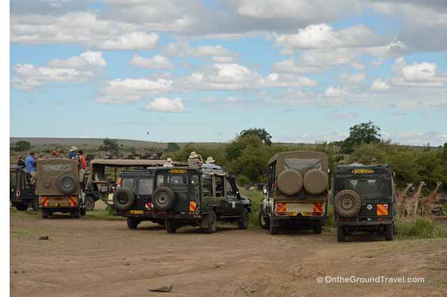 Tourists on African safari watching wildebeests crossing the Mara in Kenya